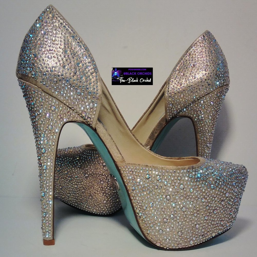 BETSEY JOHNSON 7 STAR SPARKLY RHINESTONE PLATFORM HEELS blue collection - Picture 6 of 16